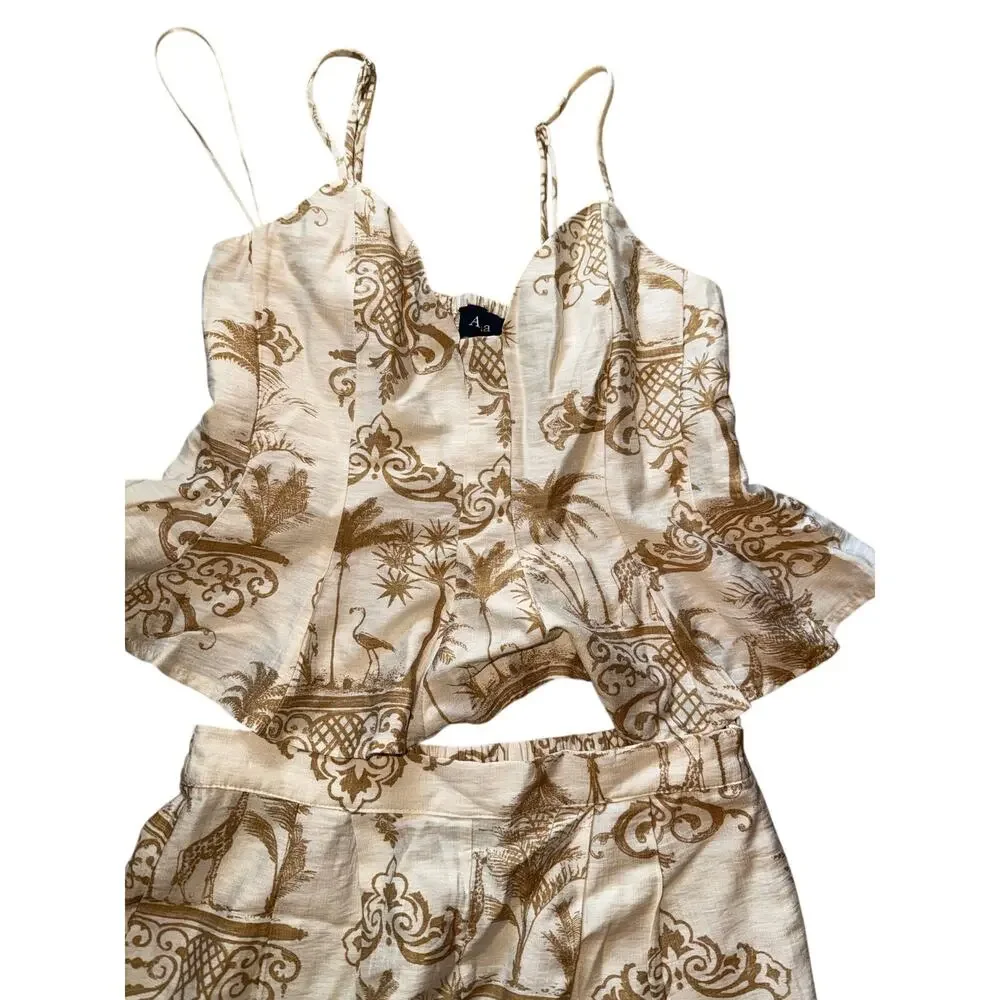 Aakaa 2-Piece Toile Print Peplum Top & Matching Shorts Set Small Resort Coastal